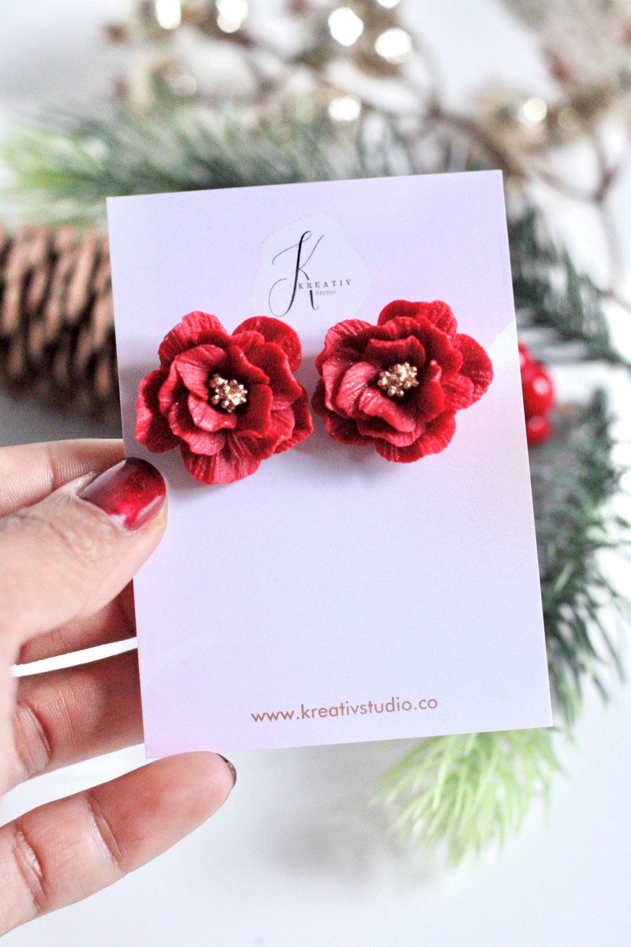 Red flower polymer clay earrings